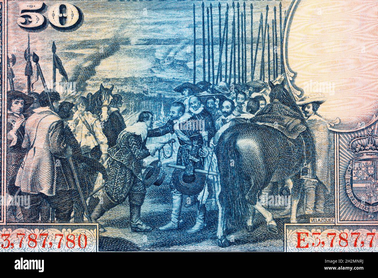 Kapitulation von Breda - Gemälde von Diego Velazquez aus altem spanischem Geld Stockfoto