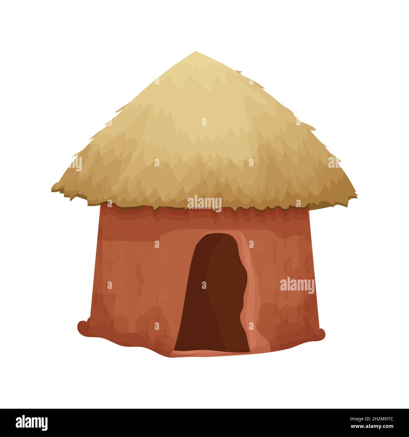 Afrikanische Hütte mit Strohdach und Lehmwandhaus im Cartoon-Stil isoliert auf weißem Hintergrund. Stammes-, ländliche Wüstengebäude. Vektorgrafik Stock Vektor