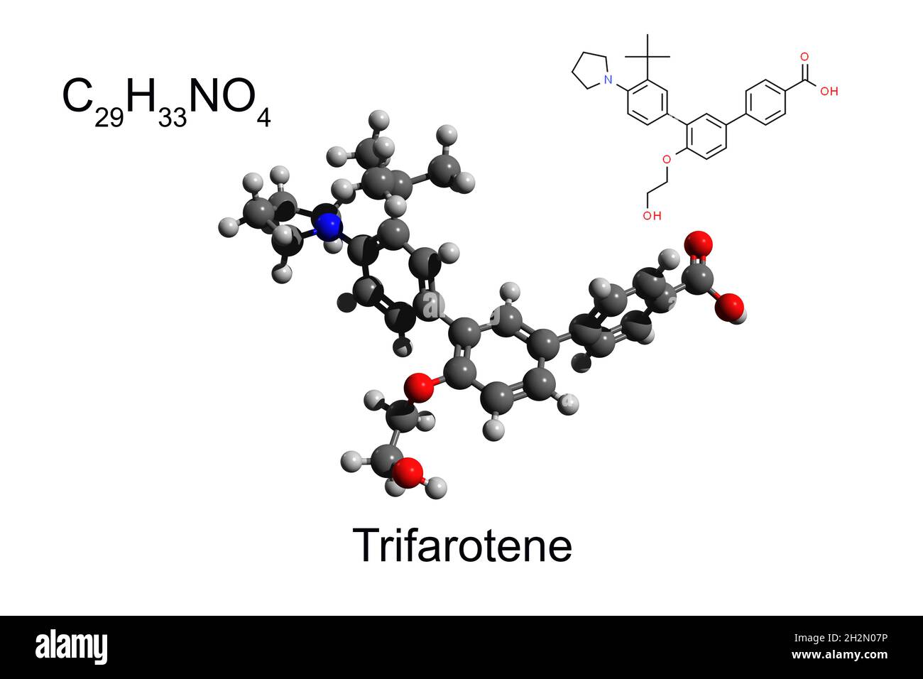 Chemische Formel, Strukturformel und 3D-Ball-and-Stick-Modell eines Retinoids Trifarotin, weißer Hintergrund Stockfoto