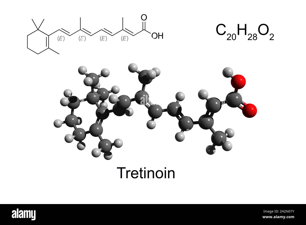 Chemische Formel, Strukturformel und 3D-Ball-and-Stick-Modell eines Retinoids Tretinoin, weißer Hintergrund Stockfoto