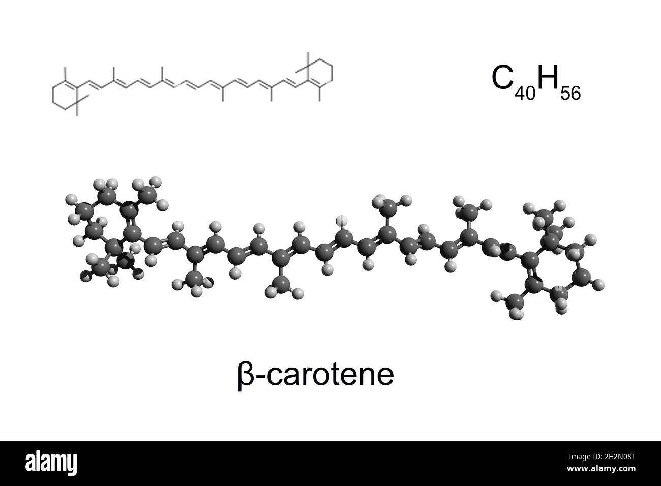 Chemische Formel, Strukturformel und 3D-Ball-and-Stick-Modell eines Pigmentbeta-Carotin, weißer Hintergrund Stockfoto