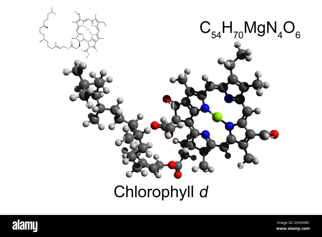 Chemische Formel, Skelettformel und 3D-Ball-and-Stick-Modell des Pigments Chlorophyll d, weißer Hintergrund Stockfoto