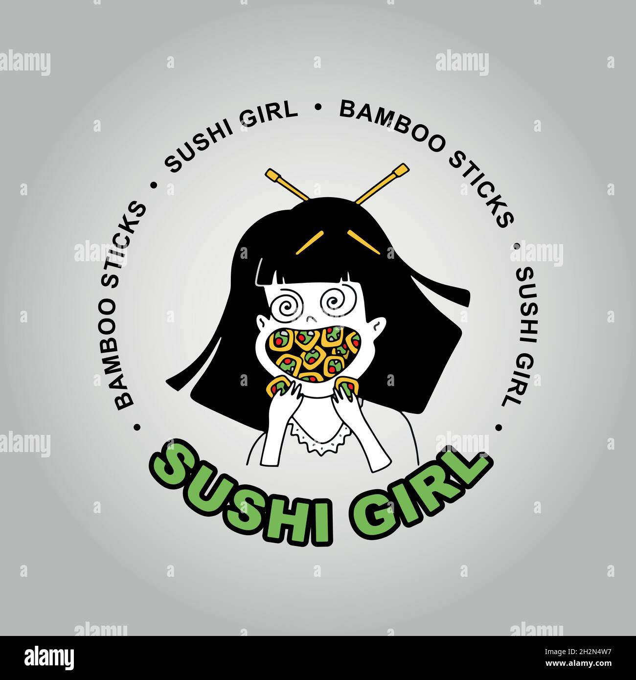 Sushi-Mädchen. Bambusstäbchen. Sushi-Logo. Mädchen essen Sushi-Brötchen. Ein Schluck Sushi-Brötchen. Stock Vektor