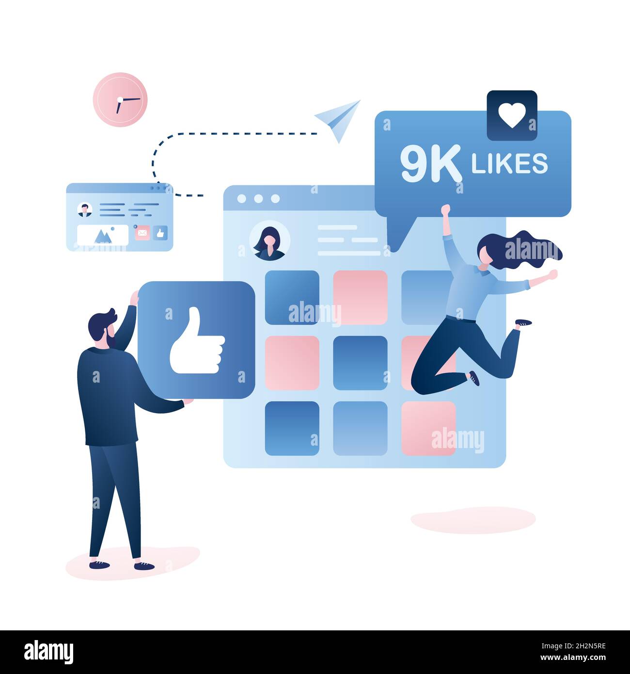 Männlicher Anhänger gibt wie Zeichen und sehr glücklich Frau springen. Menschen Zeichen im trendigen Stil, Social netwotk Webseite im Hintergrund, Vektor illustrationo Stock Vektor