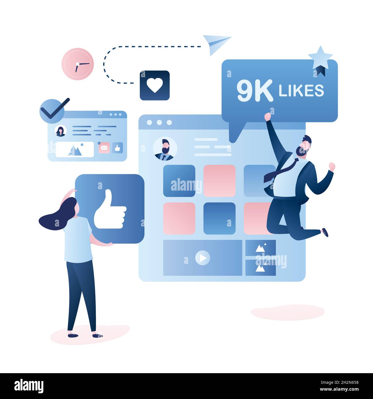 Männlicher Anhänger gibt wie Zeichen und sehr glücklich Frau springen. Menschen Zeichen im trendigen Stil, Social netwotk Webseite im Hintergrund, Vektor illustrationo Stock Vektor