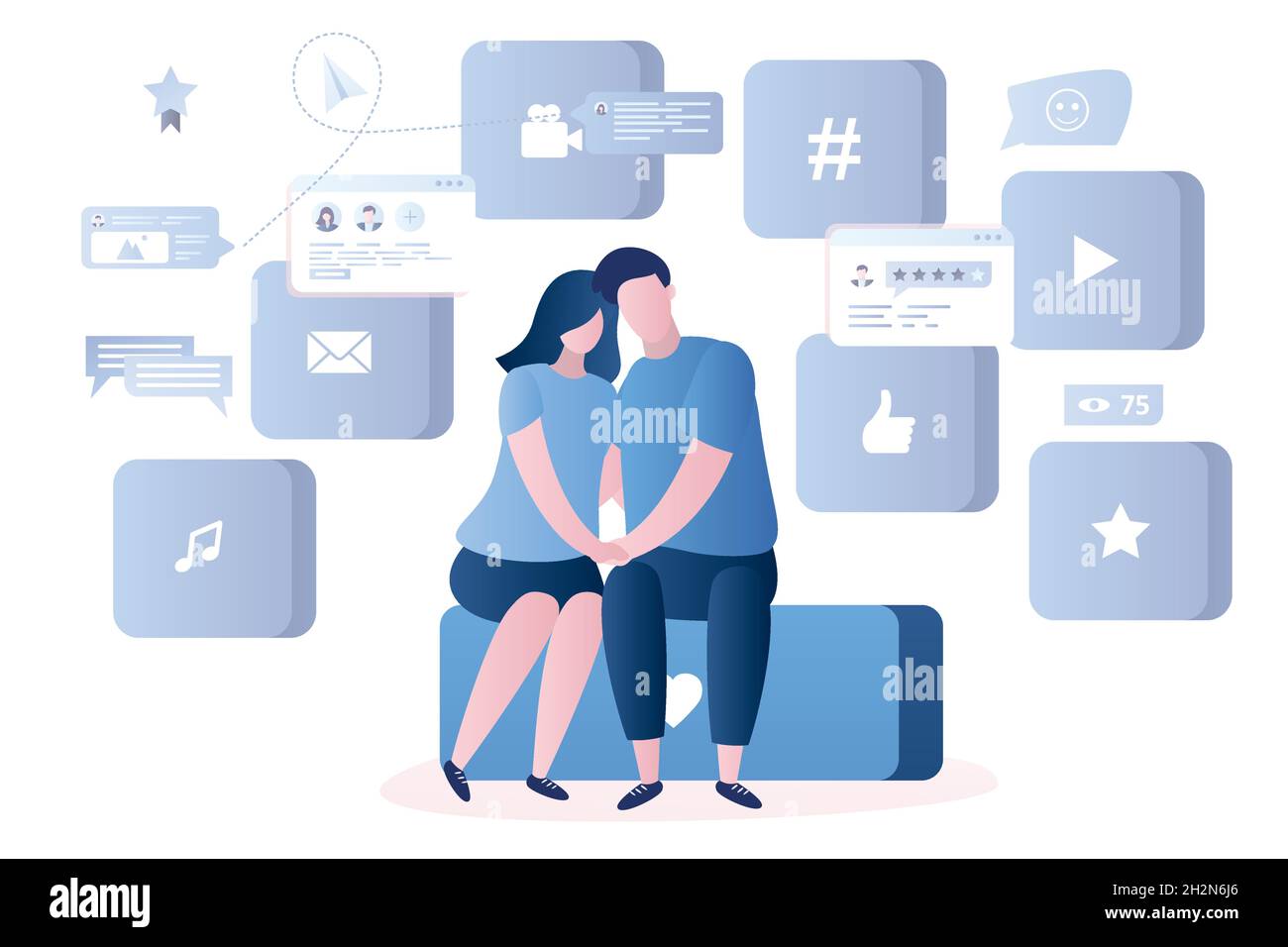 Liebespaar sitzt auf einem großen Knopf mit Herzsymbol, verschiedenen Websignalen und Apps im Hintergrund, chattet im globalen Netzwerk, malr und weibliche Charaktere, tr Stock Vektor
