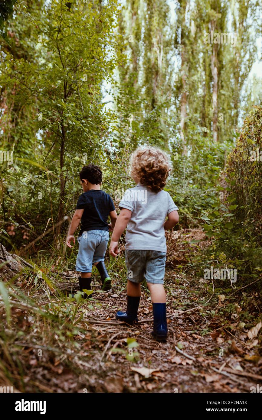 Sorglose Jungen, die gemeinsam im Wald spazieren Stockfoto