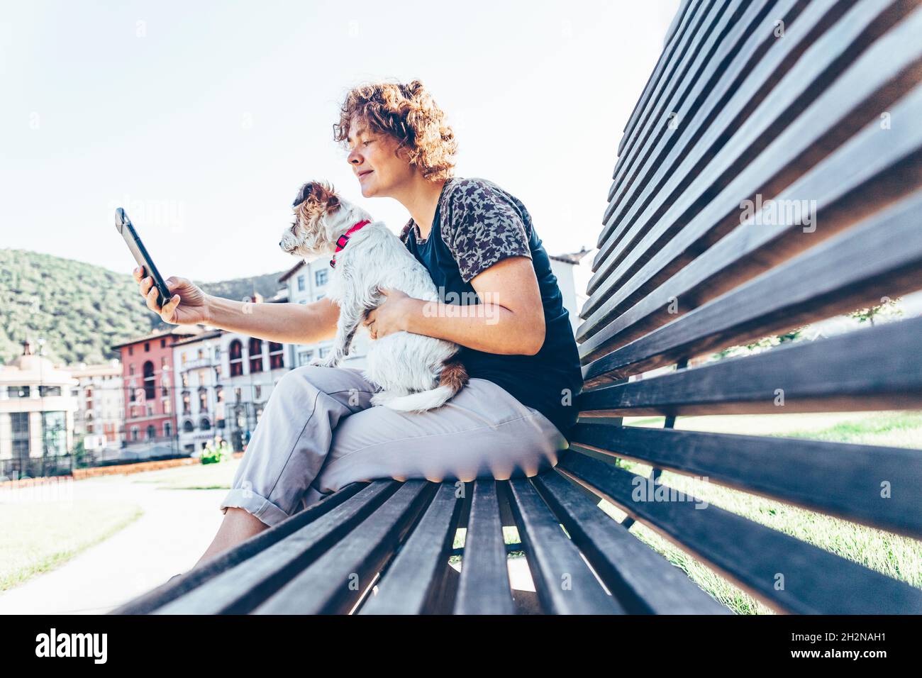 Kurzhaarige Frau, die Selfie mit Hund auf der Bank nimmt Stockfoto
