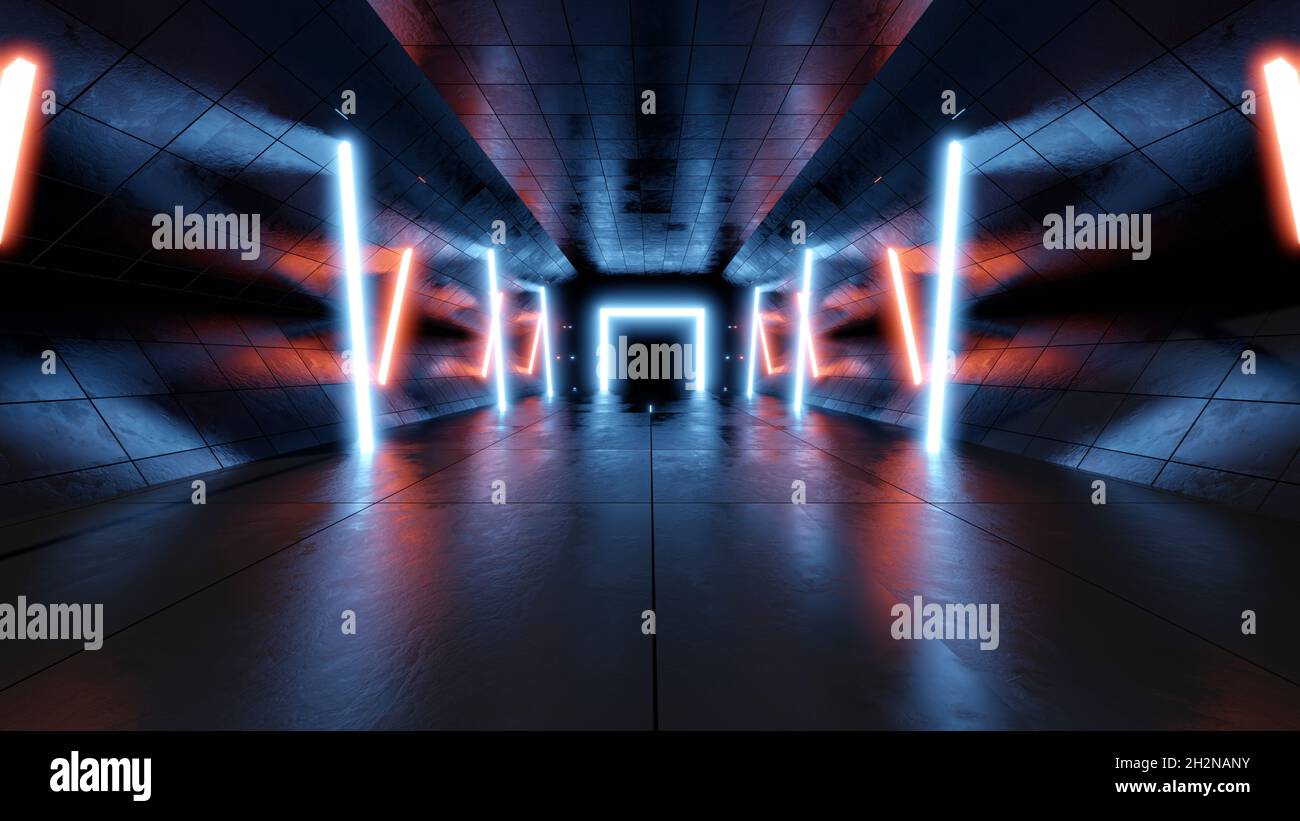 Dreidimensionale Darstellung des geheimnisvollen Tores, das am Ende des futuristischen Korridors leuchtet, der von blauem und orangefarbenem Neonlicht beleuchtet wird Stockfoto