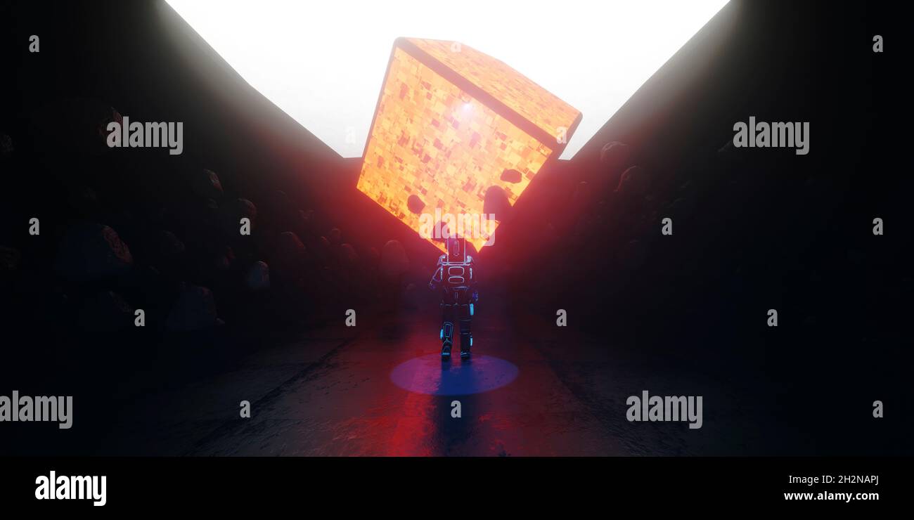 Dreidimensionales Rendering des Astronauten, der einen großen schwebender Würfel entdeckt Stockfoto