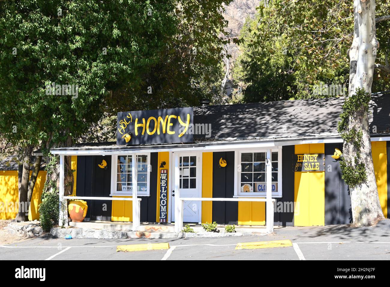 OAK Glen, CALIFORNIA - 10 Okt 2021: Holy-Honey produziert reinen, rohen, natürlichen, ungefilterten, handwerklich infundierten Honig. Stockfoto