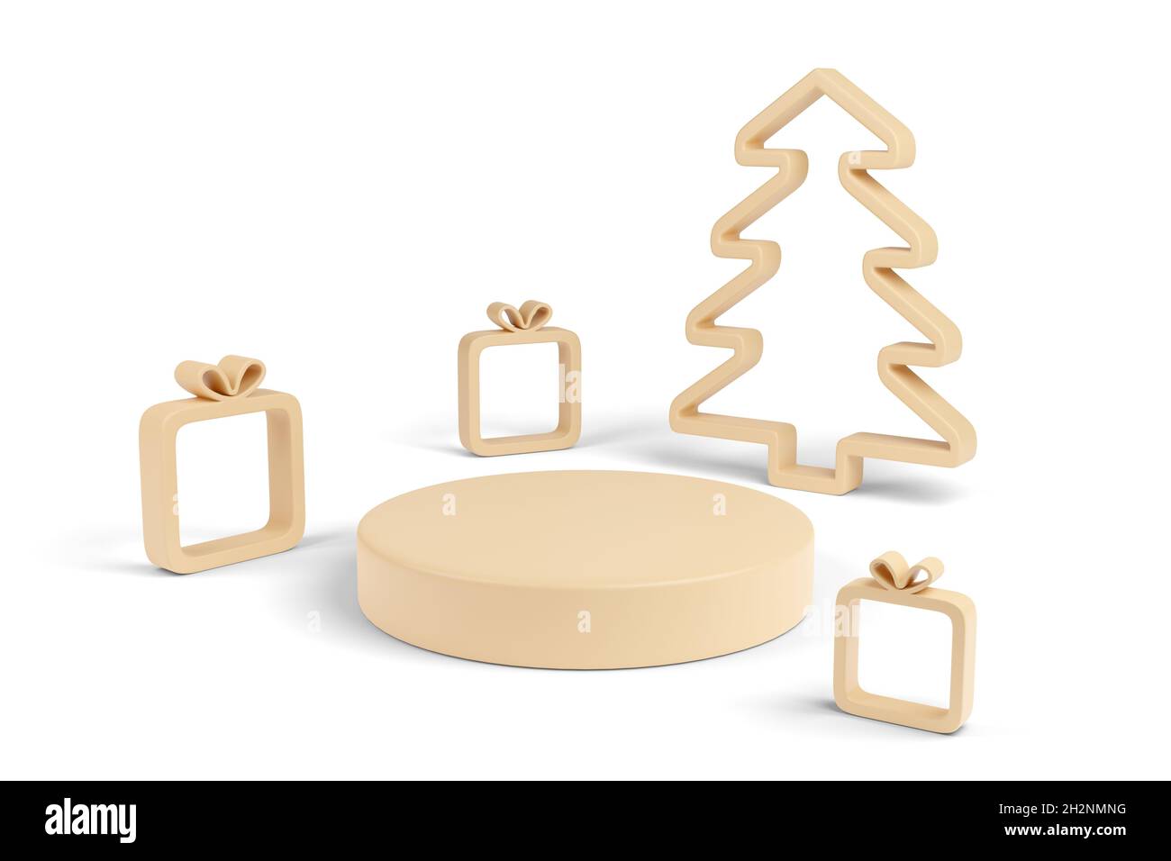 Podium mit abstraktem weihnachtsbaum und Geschenken isoliert auf weißem Hintergrund. 3d-Illustration Stockfoto