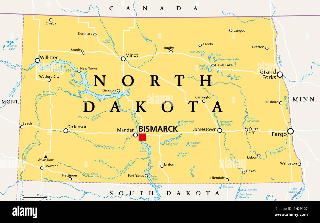 North Dakota, ND, politische Karte, mit der Hauptstadt Bismarck. Staat in der Unterregion des oberen Mittleren Westens der Vereinigten Staaten von Amerika, Peace Garden State. Stockfoto