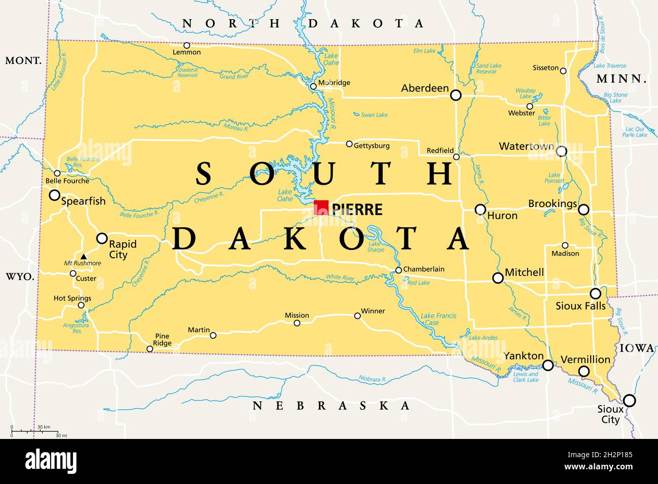 South Dakota, SD, politische Karte, mit der Hauptstadt Pierre und der größten Stadt Sioux Falls. Staat in der Upper Midwestern Subregion der Vereinigten Staaten. Stockfoto