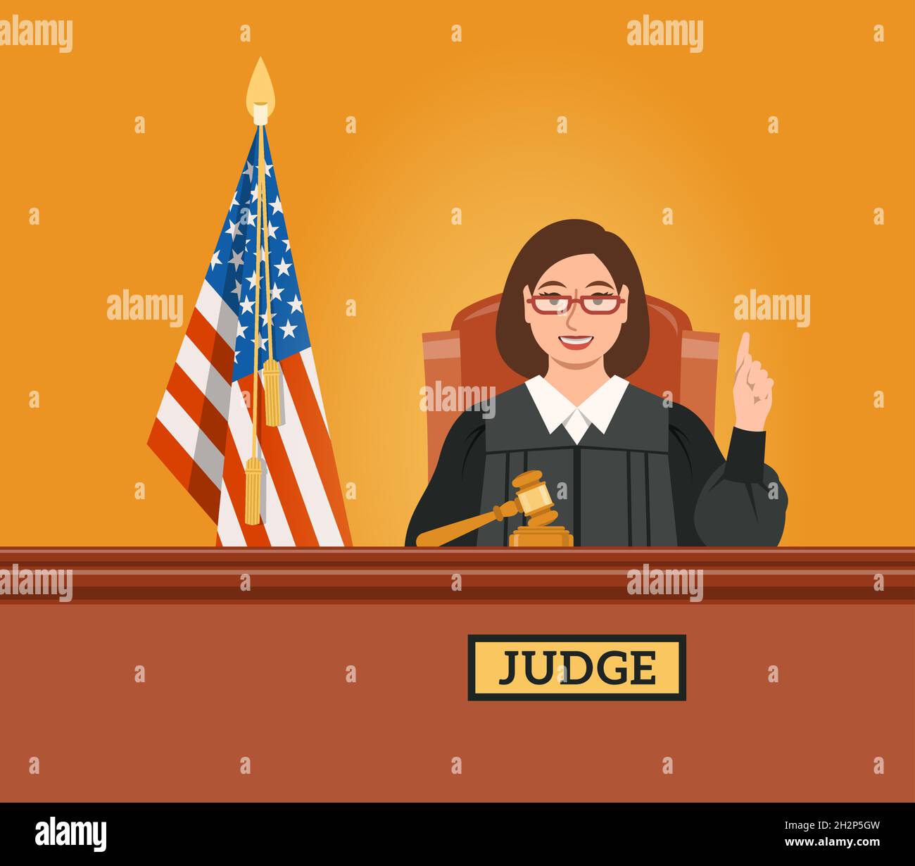 Richterin Frau im Gerichtssaal des Tribunals mit Gavel und amerikanischer Flagge zeigt den Finger nach oben und spricht ein Urteil. Judicial Cartoon Hintergrund. Zivil und Krimin Stock Vektor