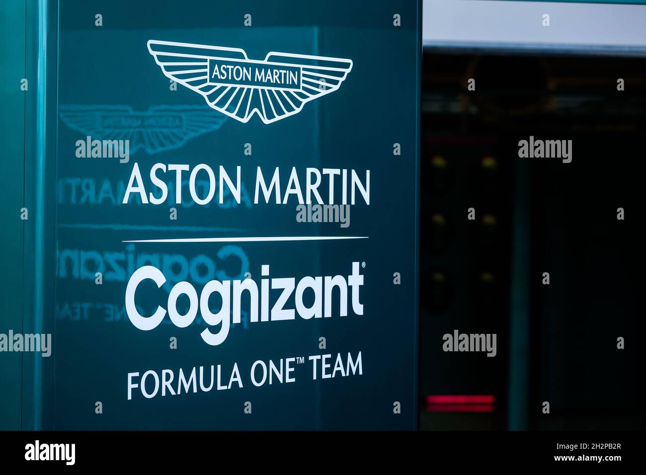 Aston Martin F1 AMR21, Logo-Illustration während des Formel 1 Aramco United States Grand Prix 2021, 17. Lauf der FIA Formel 1 Weltmeisterschaft 2021 vom 21. Bis 24. Oktober 2021 auf dem Circuit of the Americas, in Austin, Texas, USA - Foto: Antonin Vincent/DPPI/LiveMedia Stockfoto