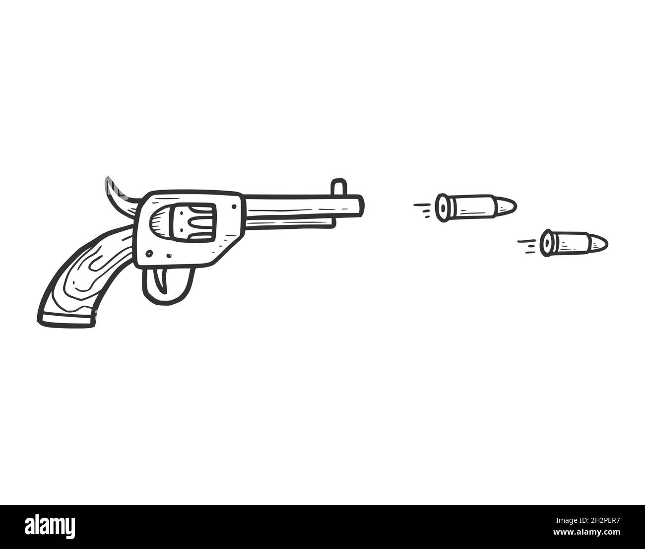 Handgezeichnete Revolverpistole mit Kugelelement. Comic-Doodle-Skizze. Cowboy, westliche Konzeptikone. Isolierte Vektordarstellung. Stock Vektor