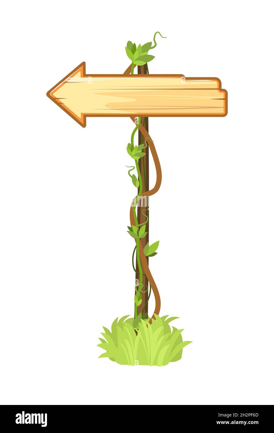Holzschild im Dschungel. Richtungsanzeige. Leeres Brett mit Platz für Text. Mit Holzstruktur. Cartoon-Stil. Isoliert auf weißem Hintergrund Stock Vektor