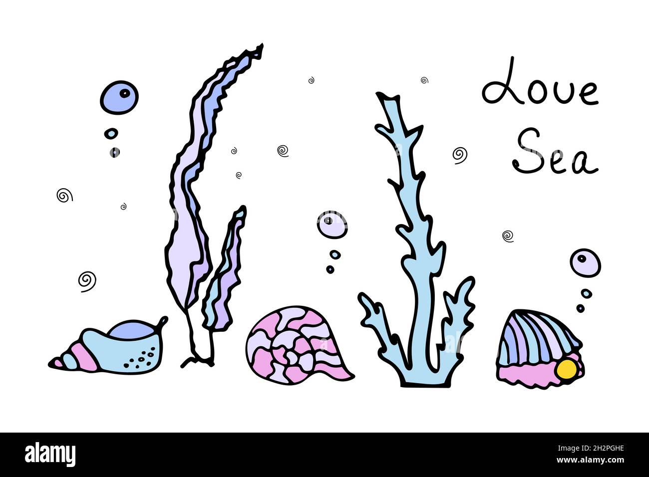 Set von farbigen Muscheln mit Perlen mit Luftblasen in der Nähe von Algen. Doodle-Stil mit Schriftzug. Phrase Liebe das Meer. Stock Vektor