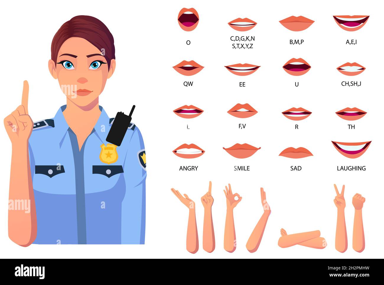 Polizei Frau Mund Animation Set und Handgesten Premium-Vektor Stock Vektor