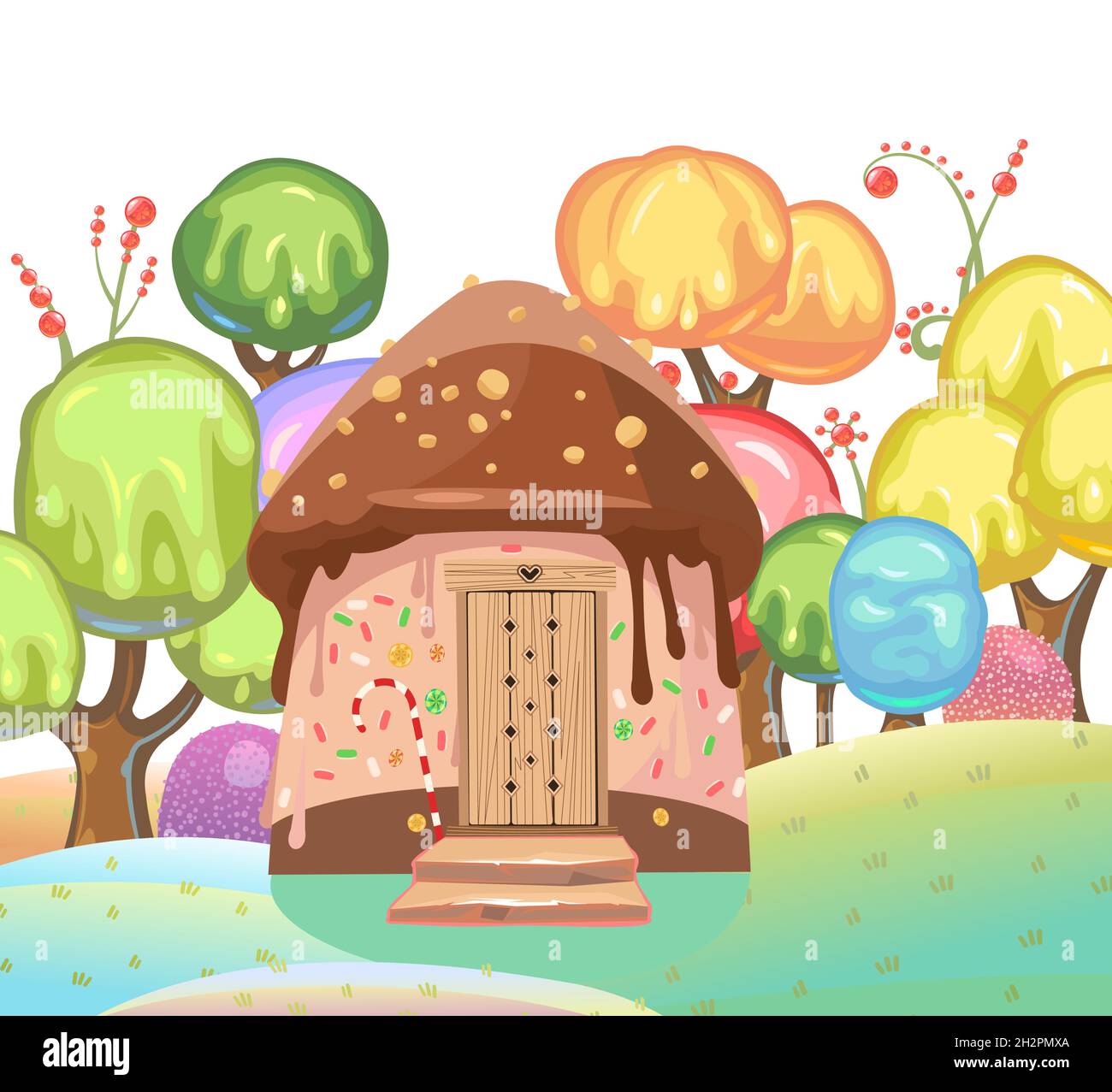 Butter nach Hause mit einem Schokoladendach. Süßes Karamell-Feenhaus. Sommer niedliche Landschaft. Illustration im Cartoon-Stil flache Design. Bild für Kinder Stock Vektor