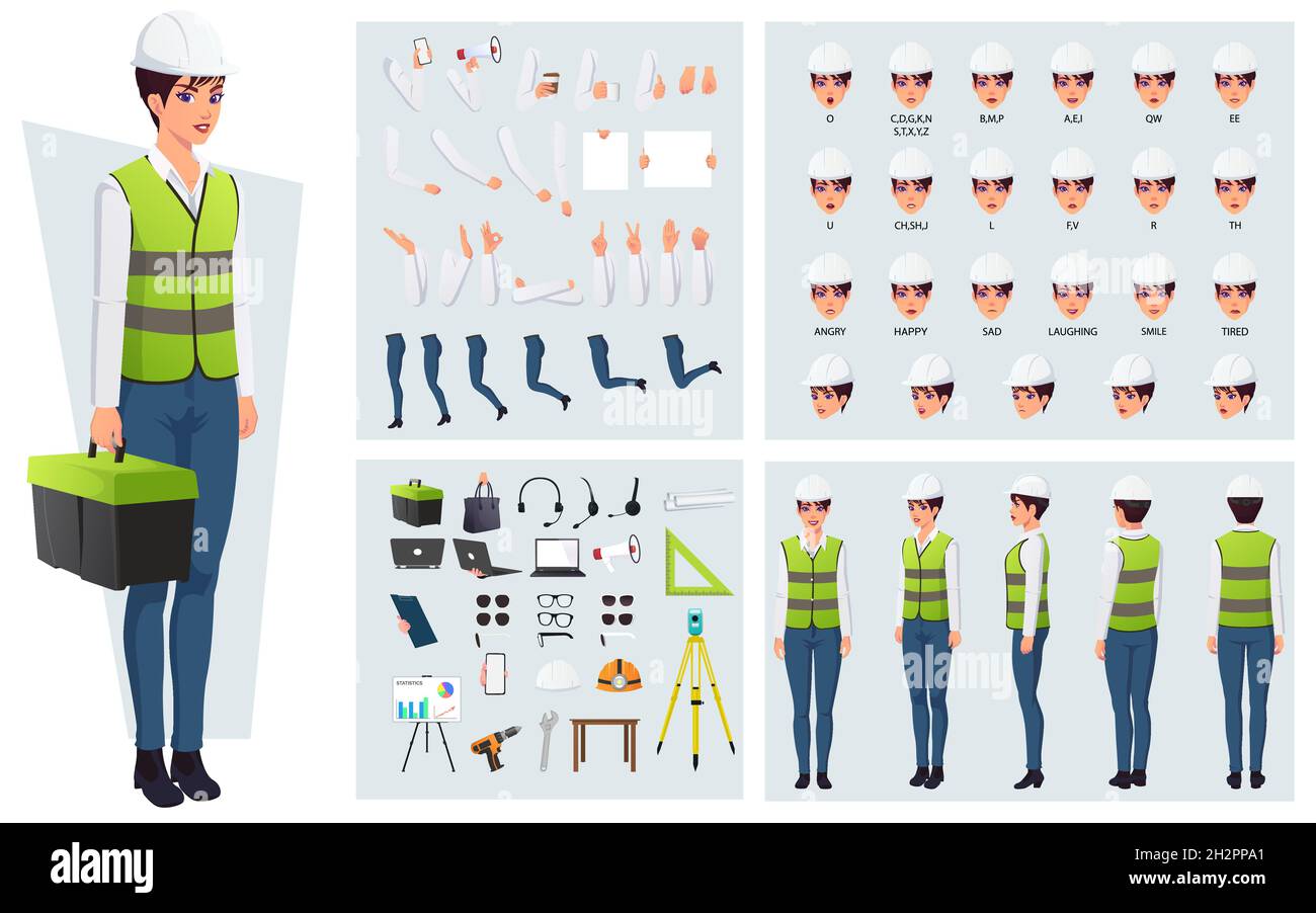 Bauarbeiter, Ingenieur Charakter Creation Pack, mit Werkzeugen, Ausrüstungen, Gesten und Gesichtsausdrücke. Stock Vektor