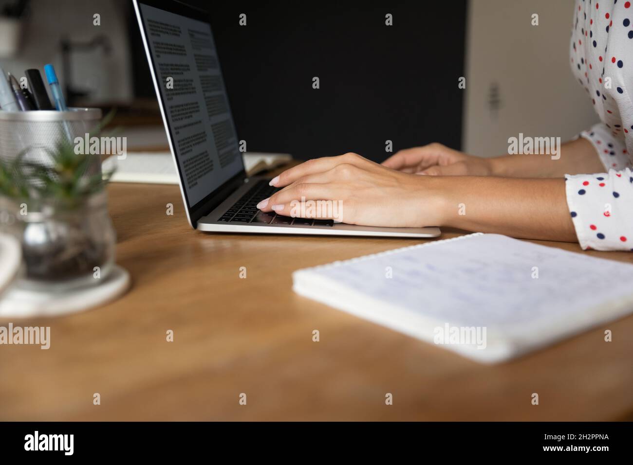 Student lernt von zu Hause aus, benutzt Laptop, macht Hausaufgaben Stockfoto