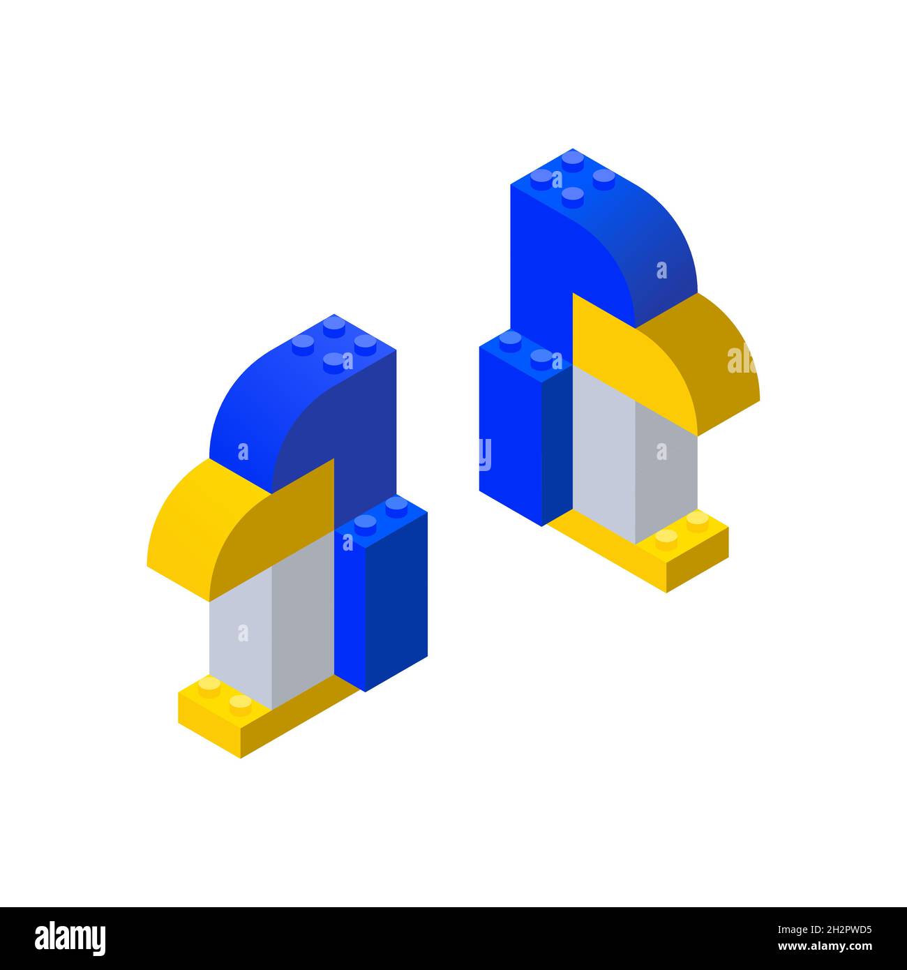 Zwei Pinguine aus bunten Blöcken im isometrischen Stil gesammelt. Für Montageanweisungen. Vektorgrafik. Stock Vektor