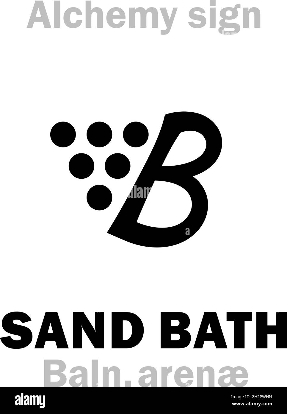 Alchemie Alphabet: SANDBAD (Balneum arenæ), Sandbad – Behälter aus beheiztem Sand, der im Labor zur gleichmäßigen Erwärmung verwendet wird. Alchemisches Symbol. Stock Vektor