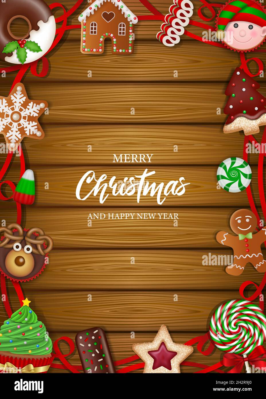 Fröhliches weihnachts-Poster mit Keksen, Süßigkeiten und Kuchen auf Holzhintergrund Stock Vektor