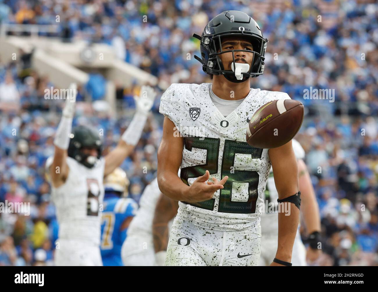 Pasadena, Kalifornien, USA. Oktober 2021. Oregon Ducks läuft zurück Travis Dye #26 feiert nach einem Touchdown während des NCAA-Fußballspiels zwischen den UCLA Bruins und den Oregon Ducks im Rose Bowl in Pasadena, Kalifornien. Obligatorischer Bildnachweis : Charles Baus/CSM/Alamy Live News Stockfoto