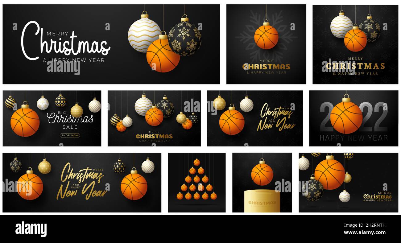Basketball-Weihnachtskarte Set. Frohe Weihnachten Sport Grußkarte. Hängen  Sie an einem Faden Basketball Ball als Weihnachtsball und goldene Kugel auf  schwarzem Backgro Stock-Vektorgrafik - Alamy