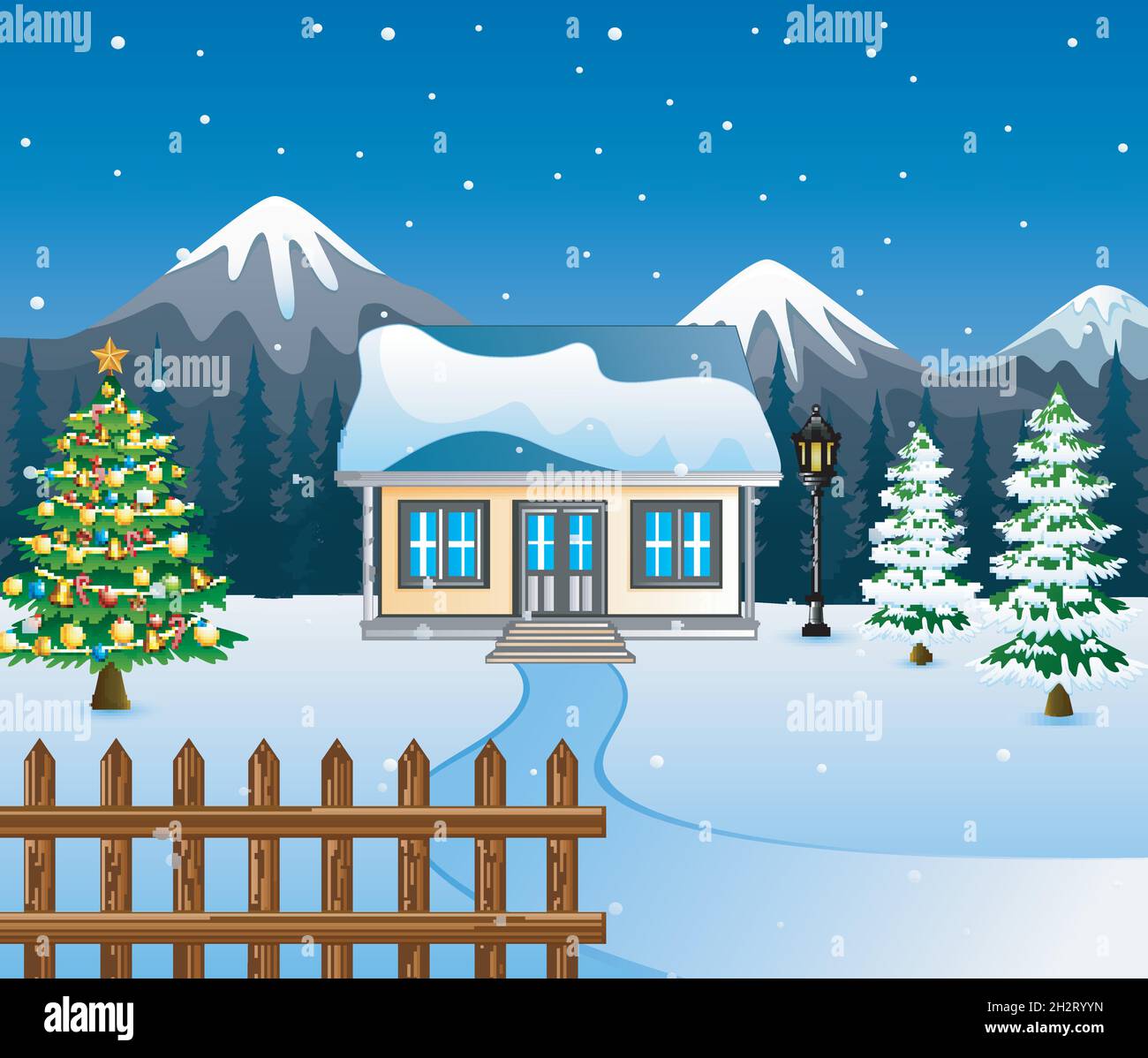 Winternacht mit weihnachtsbäumen, verschneiten Haus und einem Berg Hintergrund Stock Vektor