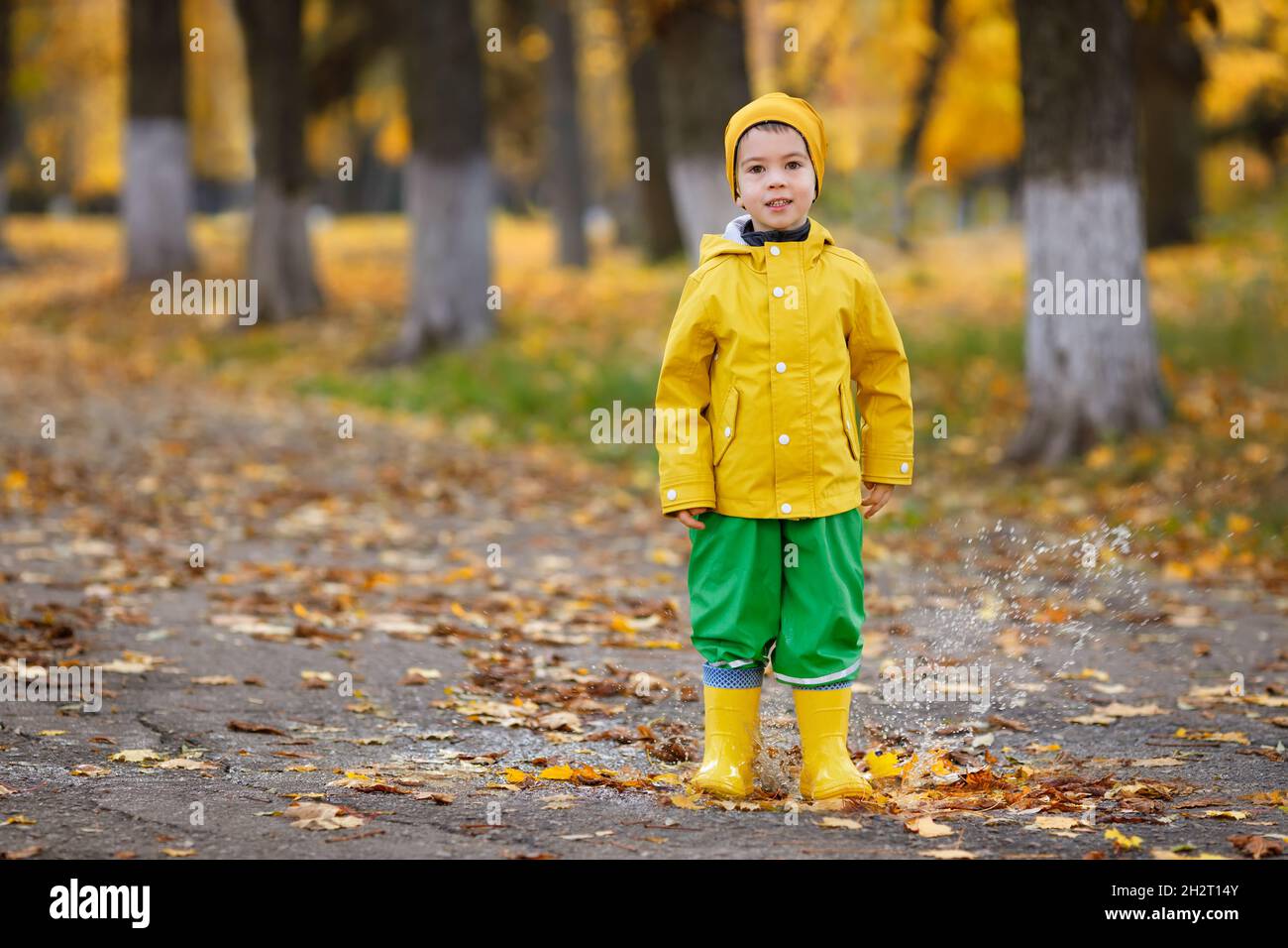 Kleiner Junge mit gelbem Regenmantel geht in Pfützen Stockfoto