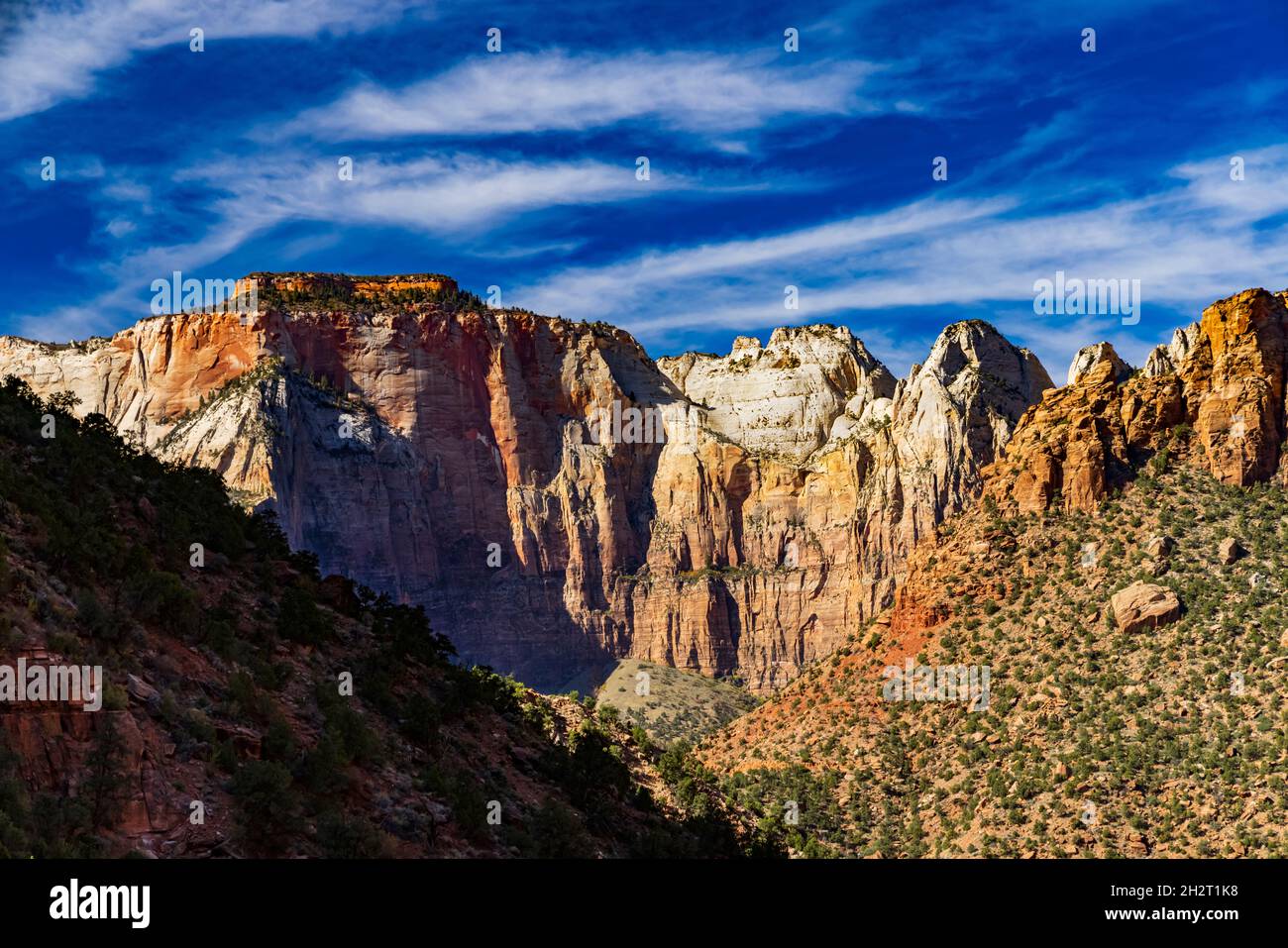 Die majestätischen Tempel und Türme der Jungfrau mit der West Temple Formation auf der linken Seite im Zion National Park in der Nähe von Springdale, Utah, USA. Stockfoto