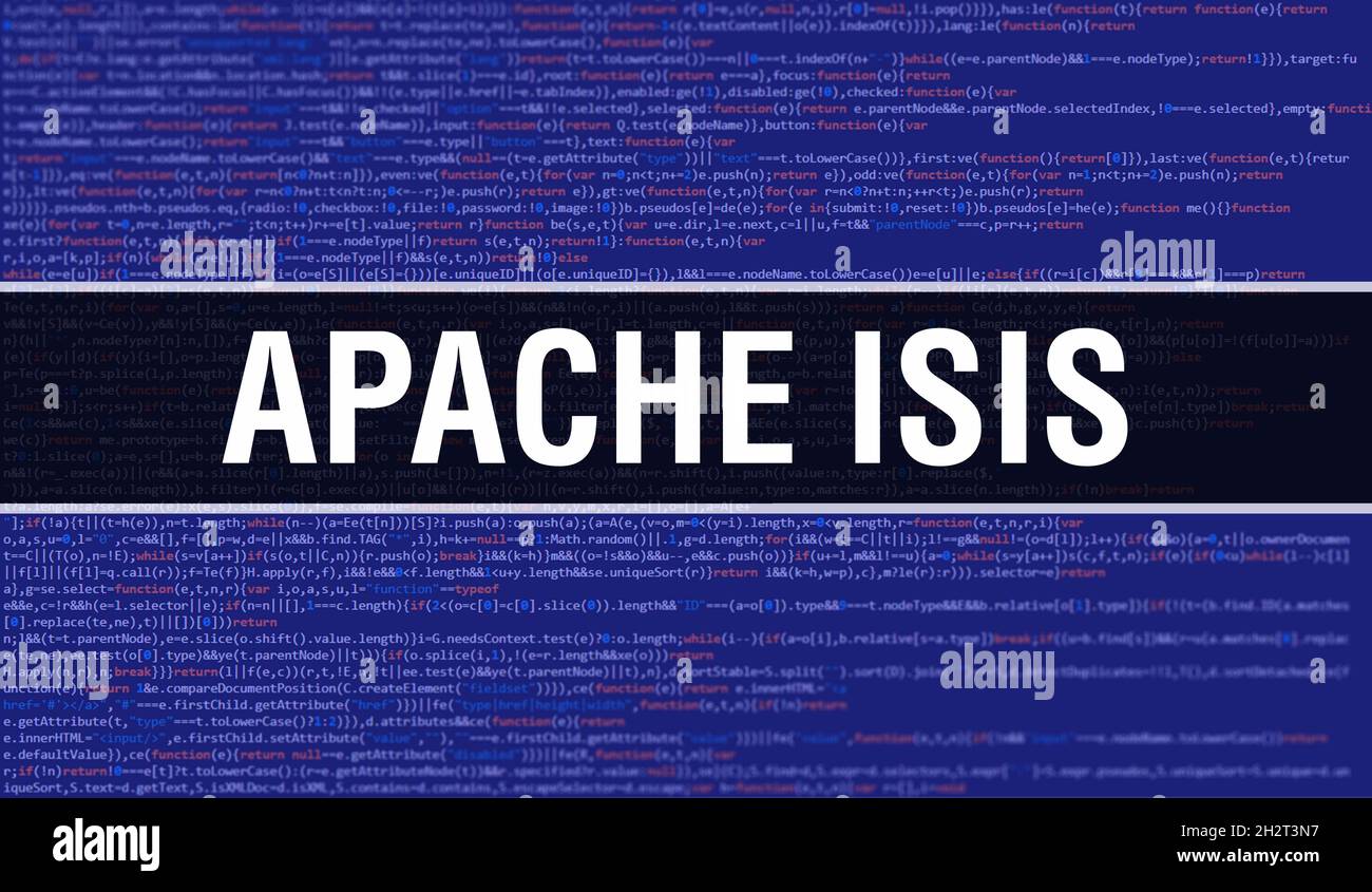 Apache Isis mit digitalem Binärcode-Technologie-Hintergrund. Abstrakter Hintergrund mit Programmcode und Apache Isis. Programmier- und Codiertechnik b Stockfoto