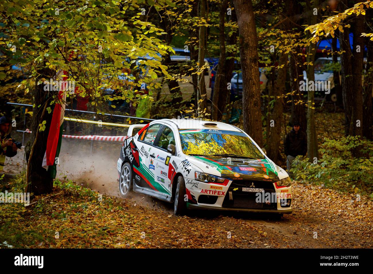 30 JUHASZ Csaba (HUN), BENCS Zoltan (HUN),Kole Media Center Kft., Mitsubishi Lancer Evo X, Aktion während der FIA ERC Rallye Ungarn 2021, 7. Lauf der FIA European Rally Championship 2021, vom 21. Bis 24. Oktober 2021 in Nyiregyhaza, Ungarn - Foto Grégory Lenormand / DPPI Stockfoto