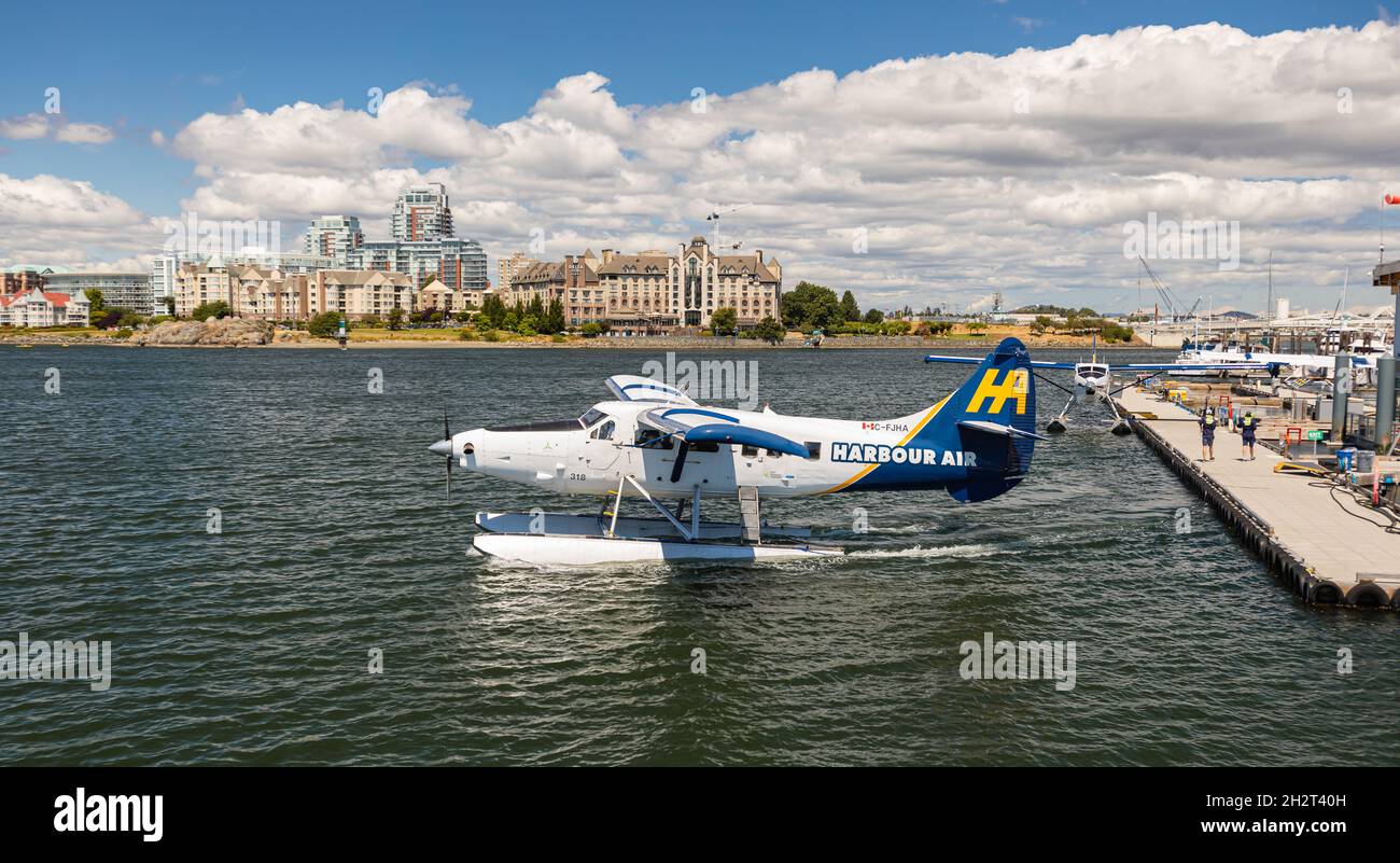 Das Hafenflugzeug am Binnenhafen Wasserflughafen ist startbereit. Wasserflugzeug-Service in Victoria Inner Harbour. Stockfoto