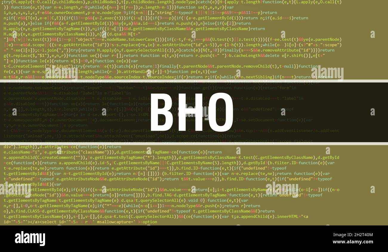 BHO-Konzept mit zufälligen Teilen des Programmcodes. BHO mit Programmierung Code abstrakten Technologie Hintergrund von Software-Entwickler und Computer-Skript. BHO Stockfoto