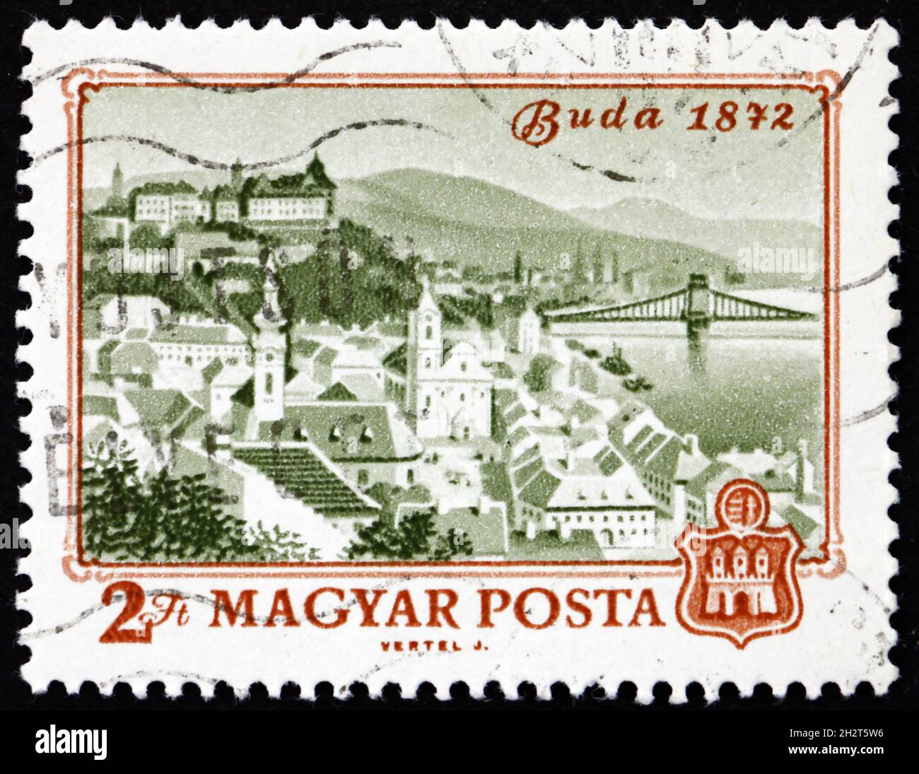 UNGARN - UM 1972: Eine in Ungarn gedruckte Briefmarke zeigt Buda, 1872, 100. Jahrestag der Vereinigung von Obuda, Buda und Pest in Budapest, um 1972 Stockfoto