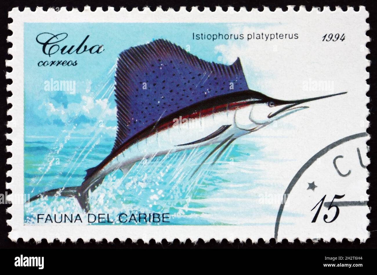 KUBA - UM 1990: Eine in Kuba gedruckte Marke zeigt indopazifische Segelfische, istiophorus platypterus, Fische, um 1990 Stockfoto