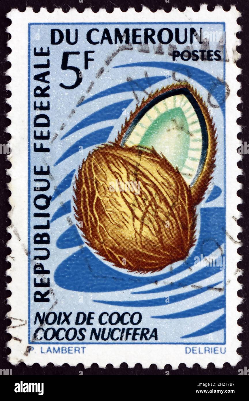 KAMERUN - UM 1967: Eine in Kamerun gedruckte Marke zeigt Kokosnuss, Obst, um 1967 Stockfoto