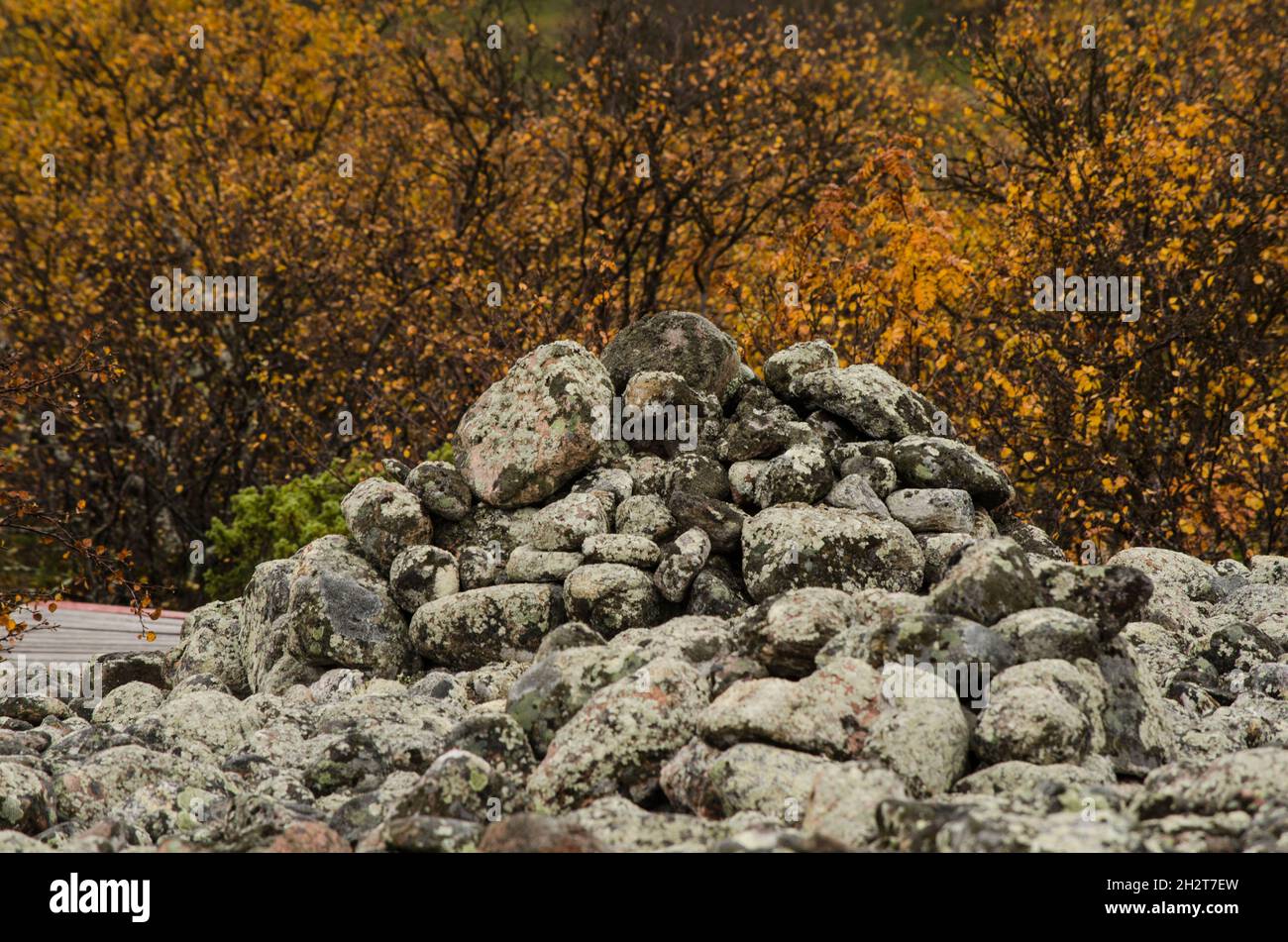 Steinhaufen zwischen der Tundra. Uralte Gräber. Solovki Stockfoto