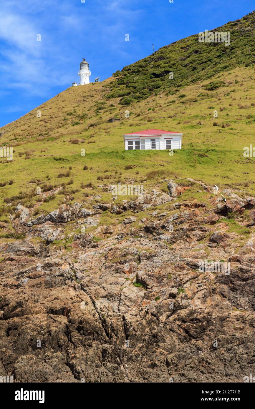 Kap Brett in der Bay of Islands, Neuseeland. Der historische Leuchtturm und eine Schutzhütte des Department of Conservation, darunter hoch aufragende Klippen Stockfoto