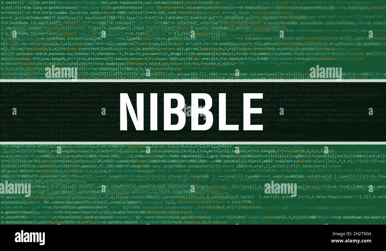 Nibble Konzept Illustration mit Code für die Entwicklung von Programmen und App. Knabbern Sie Website-Code mit bunten Tags in der Browseransicht auf dunklem Hintergrund. Ni Stockfoto