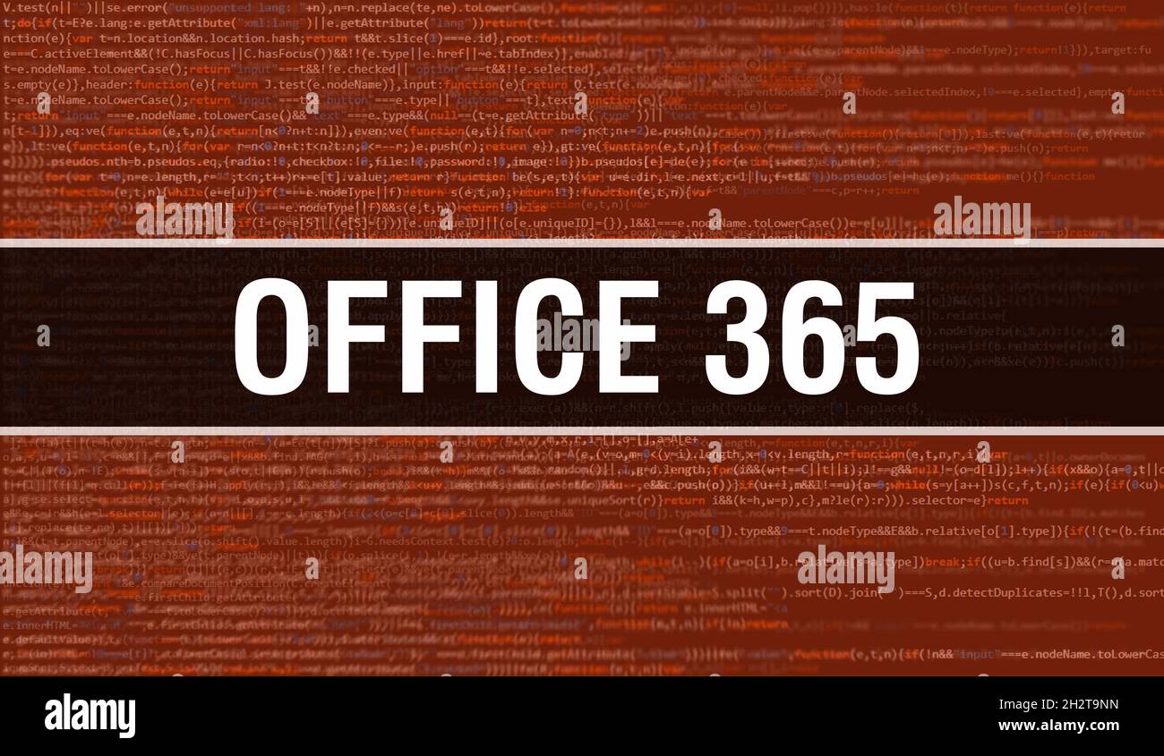 Office 365-Konzept mit zufälligen Teilen des Programmcodes. Office 365 mit Programmiercode abstrakten Technologie Hintergrund von Software-Entwickler und Comput Stockfoto