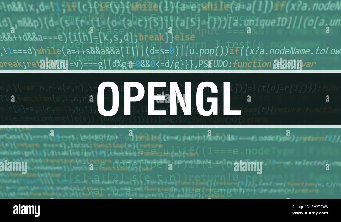 OpenGL-Konzeptdarstellung mit Code für die Entwicklung von Programmen und Apps. OpenGL Website-Code mit bunten Tags in der Browser-Ansicht auf dunklem Hintergrund. Op Stockfoto