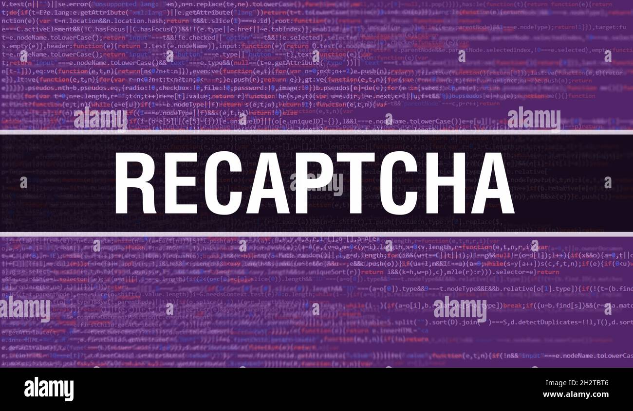 ReCAPTCHA-Konzept mit zufälligen Teilen des Programmcodes. ReCAPTCHA mit Programmierung Code abstrakte Technologie Hintergrund von Software-Entwickler und Computer Stockfoto