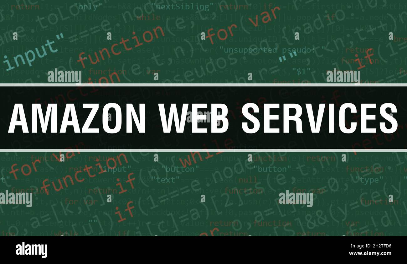 Amazon Web Services Konzept mit zufälligen Teilen des Programmcodes.Amazon Web Services Text geschrieben auf Programmiercode abstrakte Technologie Hintergrund von s Stockfoto