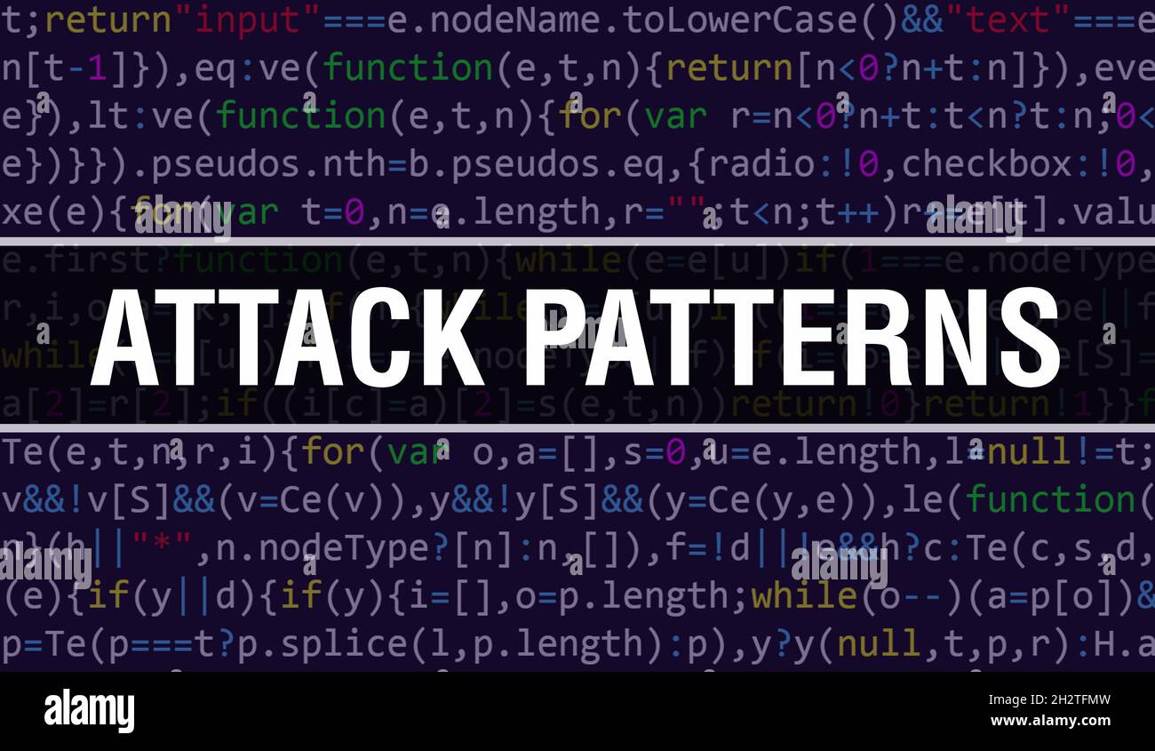 Angriffsmuster-Konzept mit zufälligen Teilen des Programmcodes.Angriffsmuster-Text geschrieben auf Programmiercode abstrakter Technologiehintergrund der Software Stockfoto